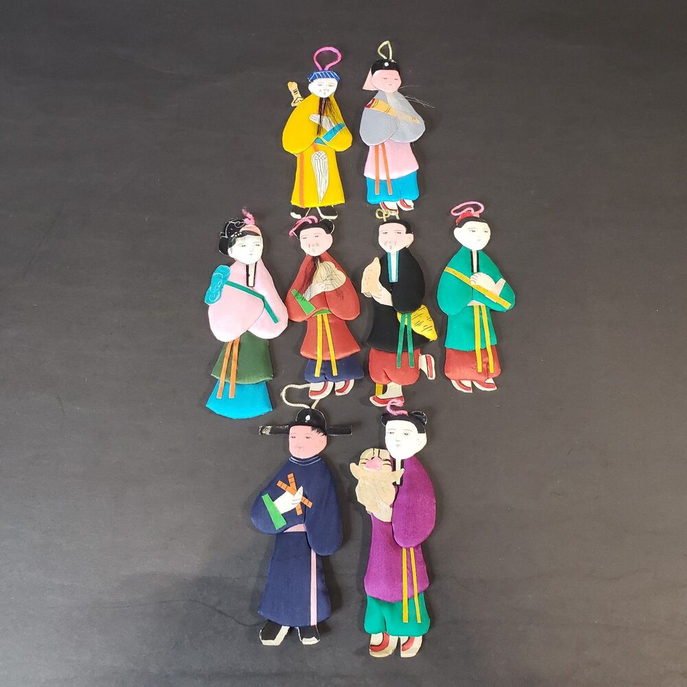 Adorable Vintage Set of 8 Chinese Silk and Paper Dolls 4" tall Asian Figures